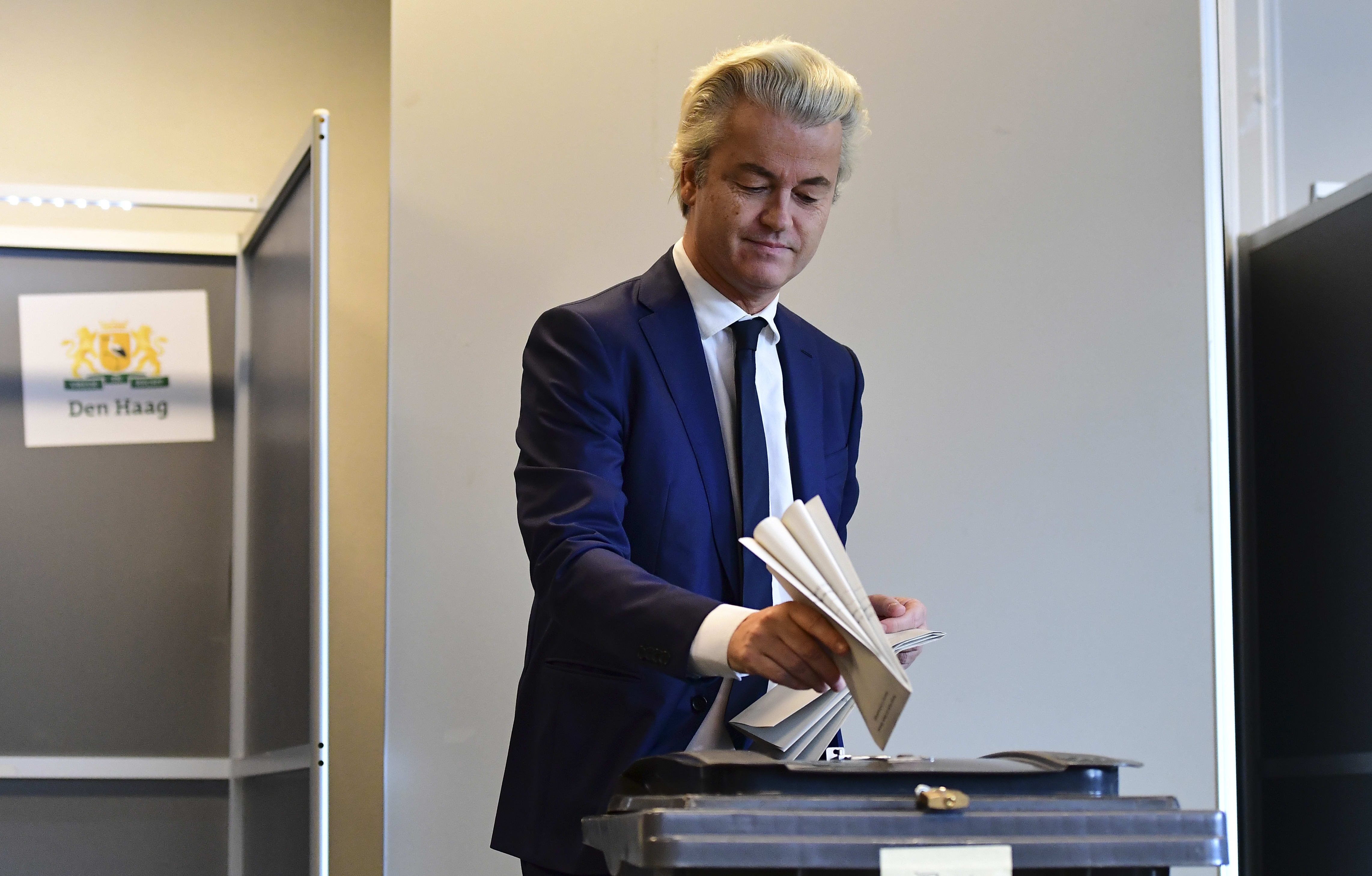 Geert Wilders of the Freedom Party (PVV) casts his vote at a polling station in The Hague.