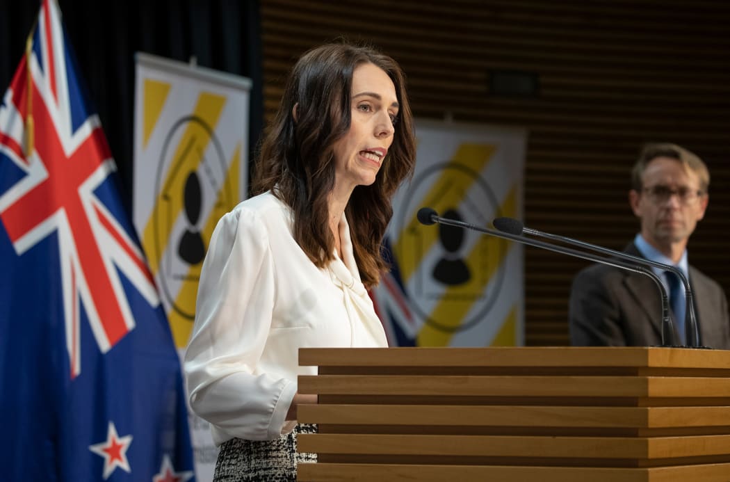 Prime Minister Jacinda Ardern and Director General of Health Ashley Bloomfield announcing alert level change on 20 April