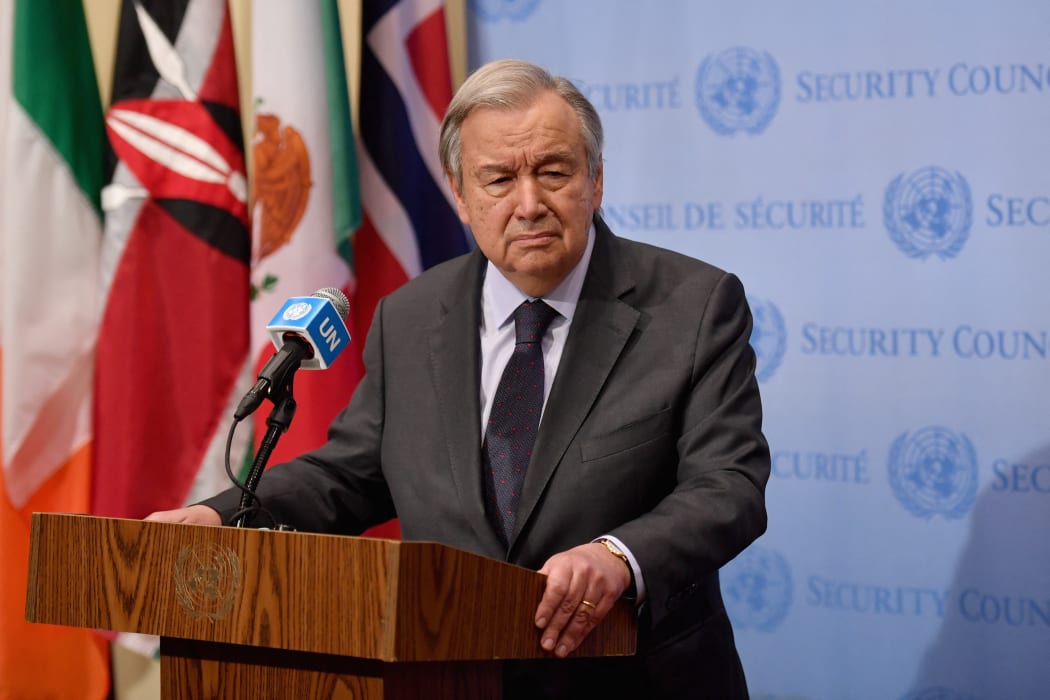 UN Secretary-General Antonio Guterres speaks during a press conference at the United Nations headquarters in New York City on 22 February 2022.