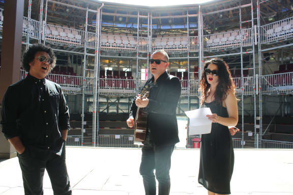 Paul McLaney (centre) with Laughton Kora and Julia Deans at the Pop-Up Globe.