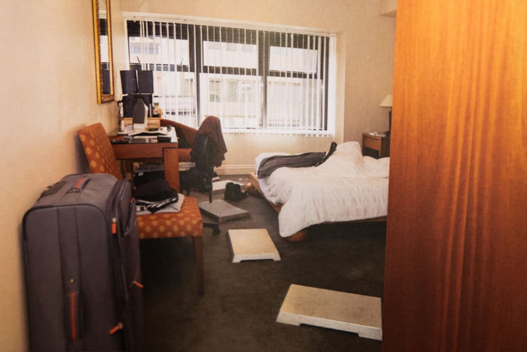 One of the photos shown to the jury of the police scene investigation at CityLife hotel apartment.