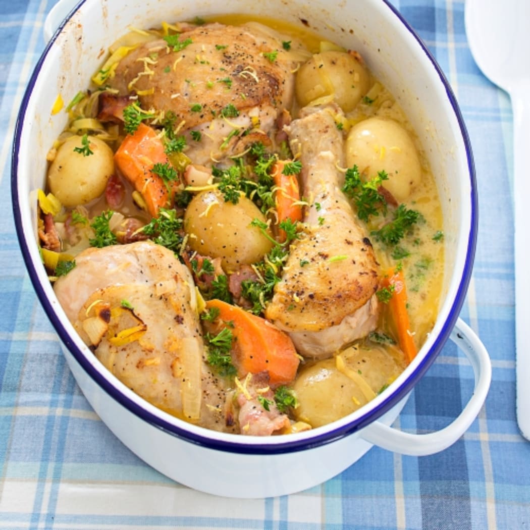 Coq Au Vin Blanc with baby potatoes