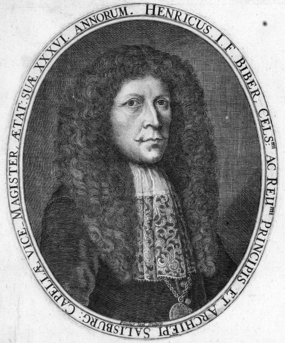 A portrait of the composer Heinrich Biber, engraved by Paulus Seel for Biber's Sonatae Violino solo (1681)
