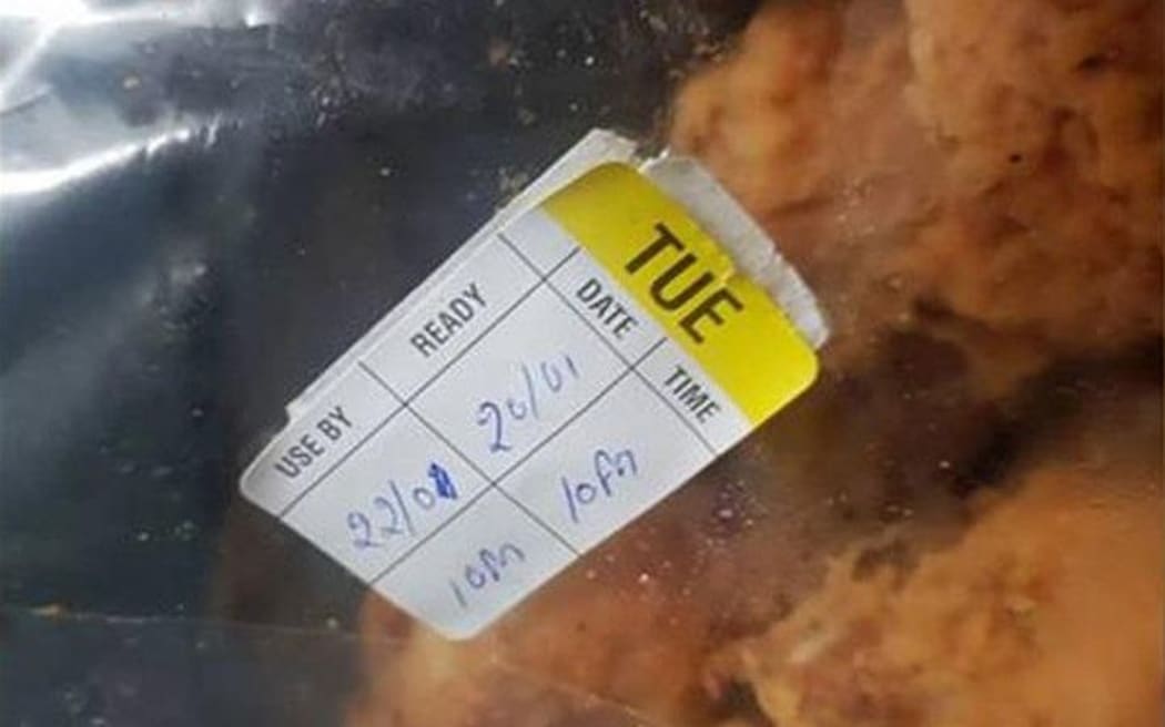 A bag of chicken at a Dunedin Pizza Hut which allegedly had a new expiry plastered over the old date.