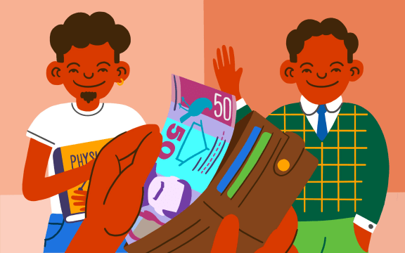 Stylised illustration of open wallet offering money to a young person and older adult