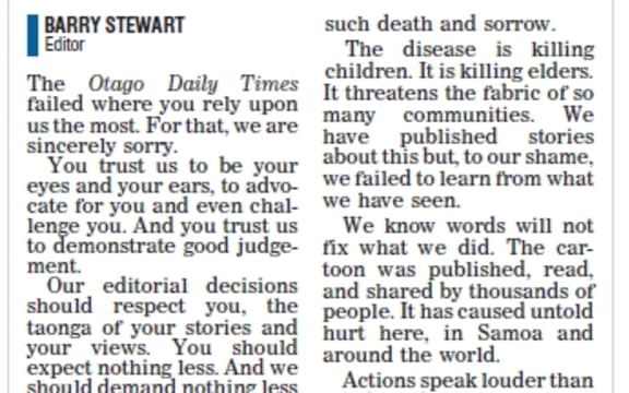 Otago Daily Times Editorial apologising for the Samoa measles cartoon.