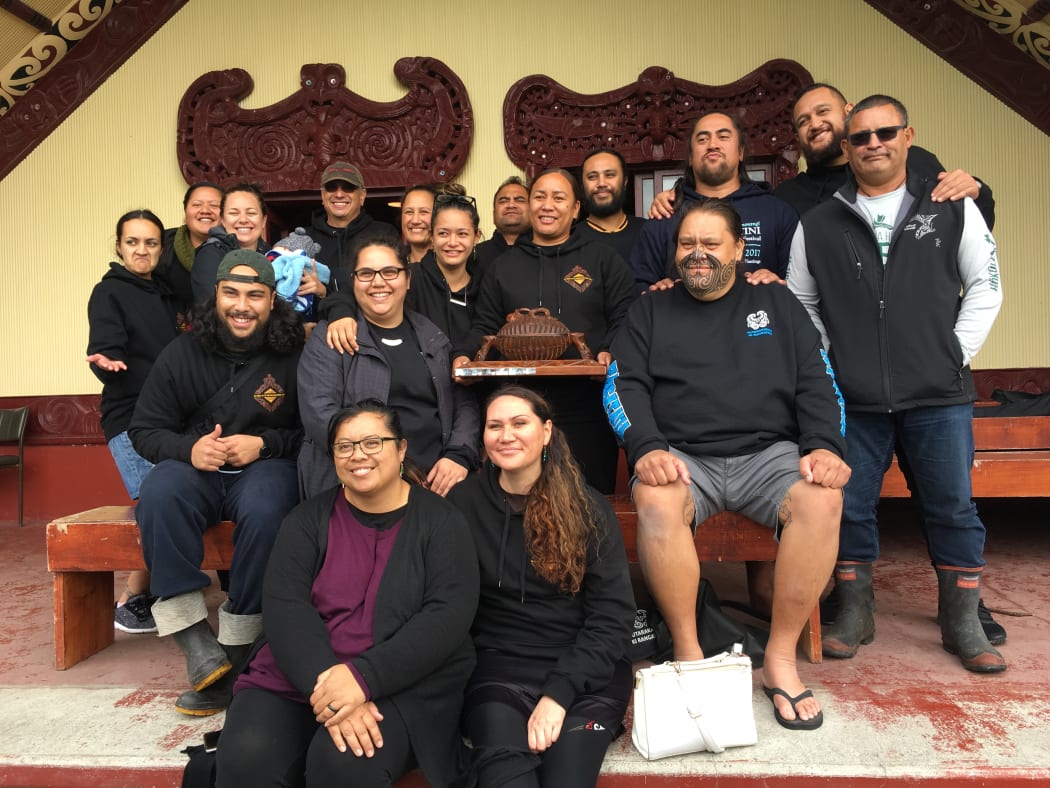 Maia with kapahaka members of Tutara Kauika ki Rangataua and Derek Lardelli (Left side, back) , Whangara, 2017.