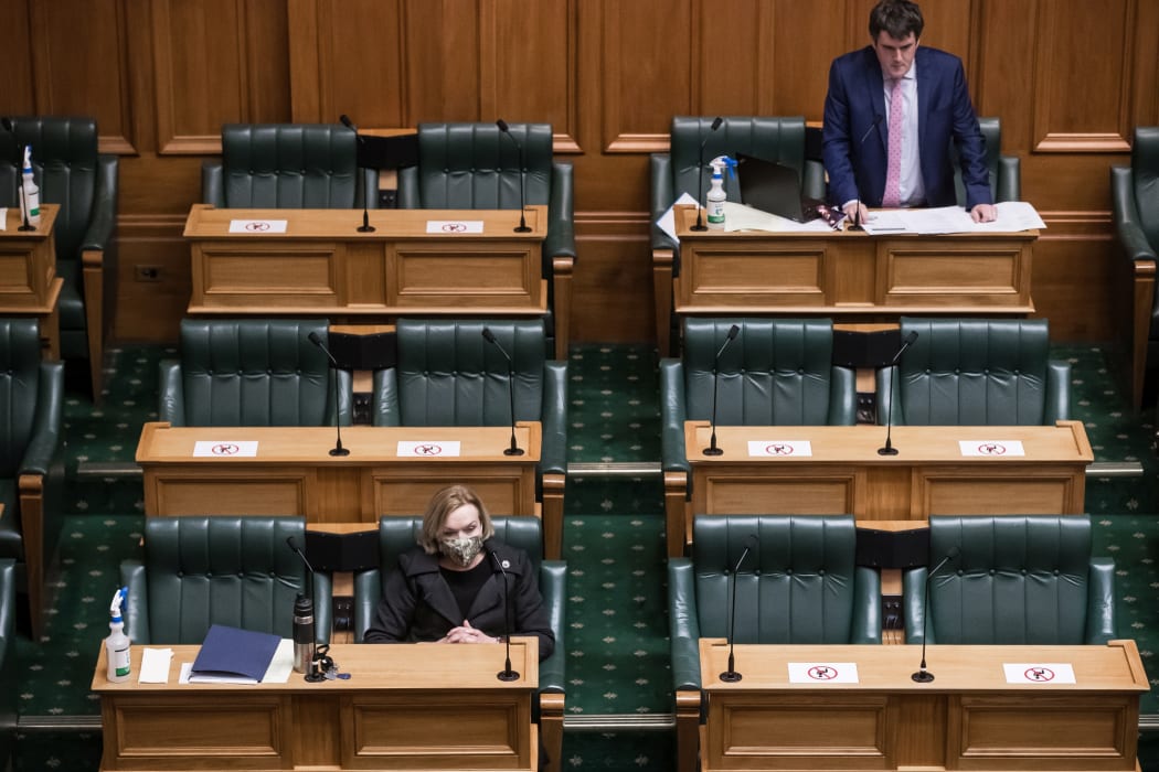 Judith Collins and Chris Bishop at The first Question time and sitting of the House  in alert level 4 lockdown in the House of Representatives debating chamber.