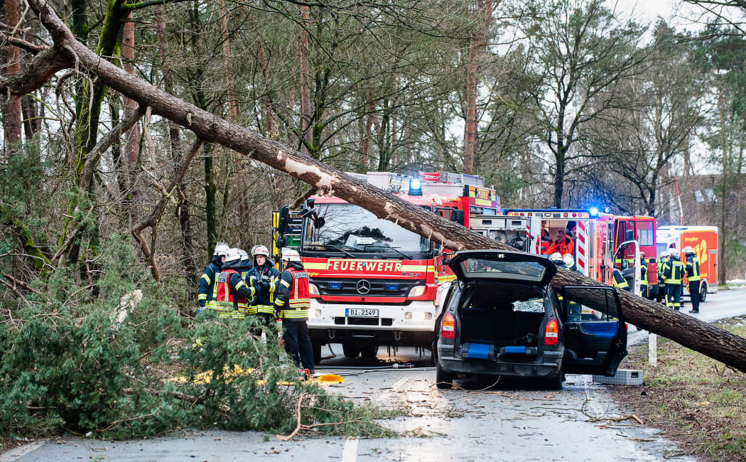 Firefighters and rescue teams stand next to a car on which a tree fell due to heavy storms on January 18, 2018 in Bielefeld, western Germany.