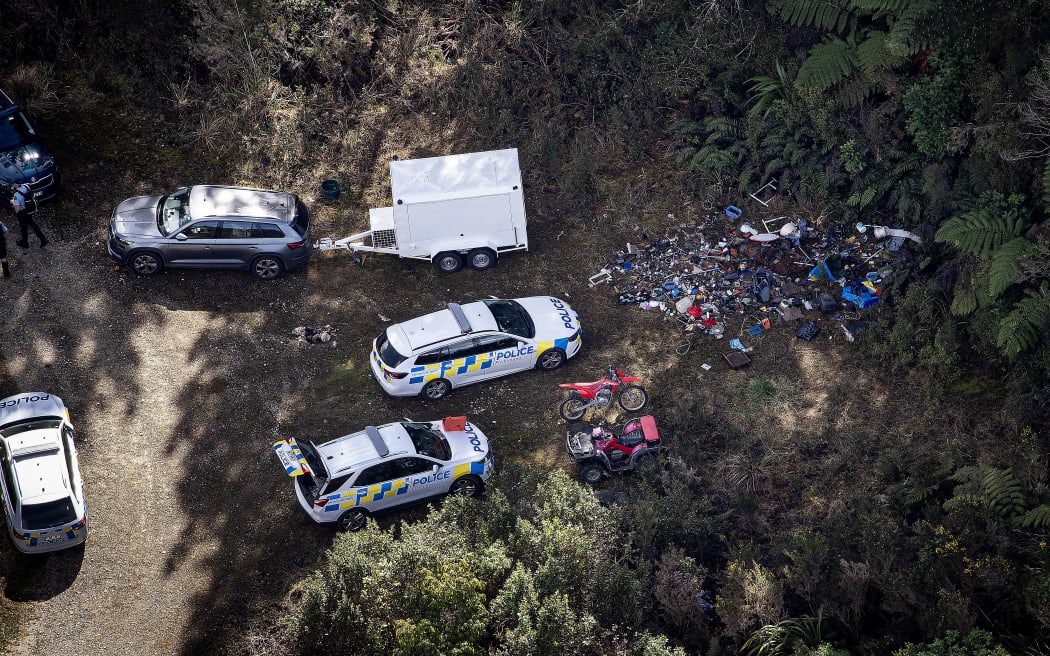 WAITOMO, NEW ZEALAND - SEPTEMBER 11: Police at the location of one of the campsites just off the Te Anga Road near Waitomo where Tom Phillips and his children had been hiding for the last four years. Tom Phillips was killed after getting into an armed shootout with Police. 11 September 2025. (Photo by Dean Purcell/New Zealand Herald via Getty Images)