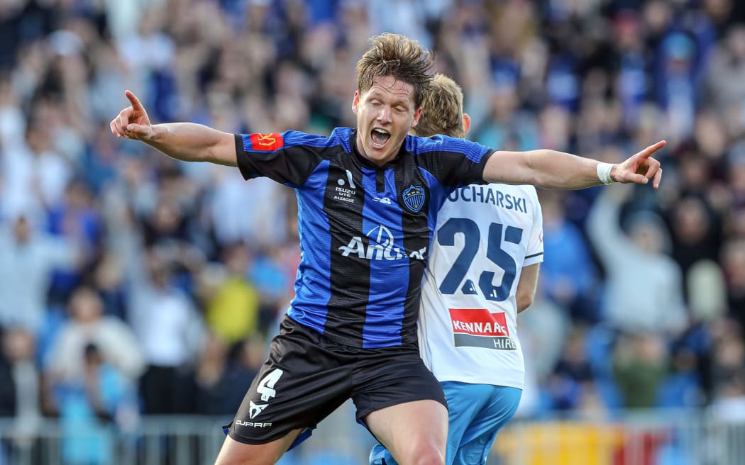 Auckland FC's Nando Pijnaker celebrates scoring the winning goal in their A-League match against Sydney FC.
