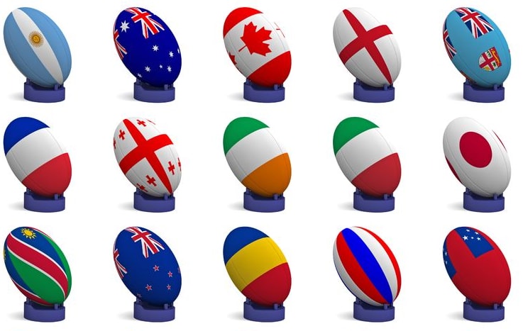 Rugby balls decorated as national flags
