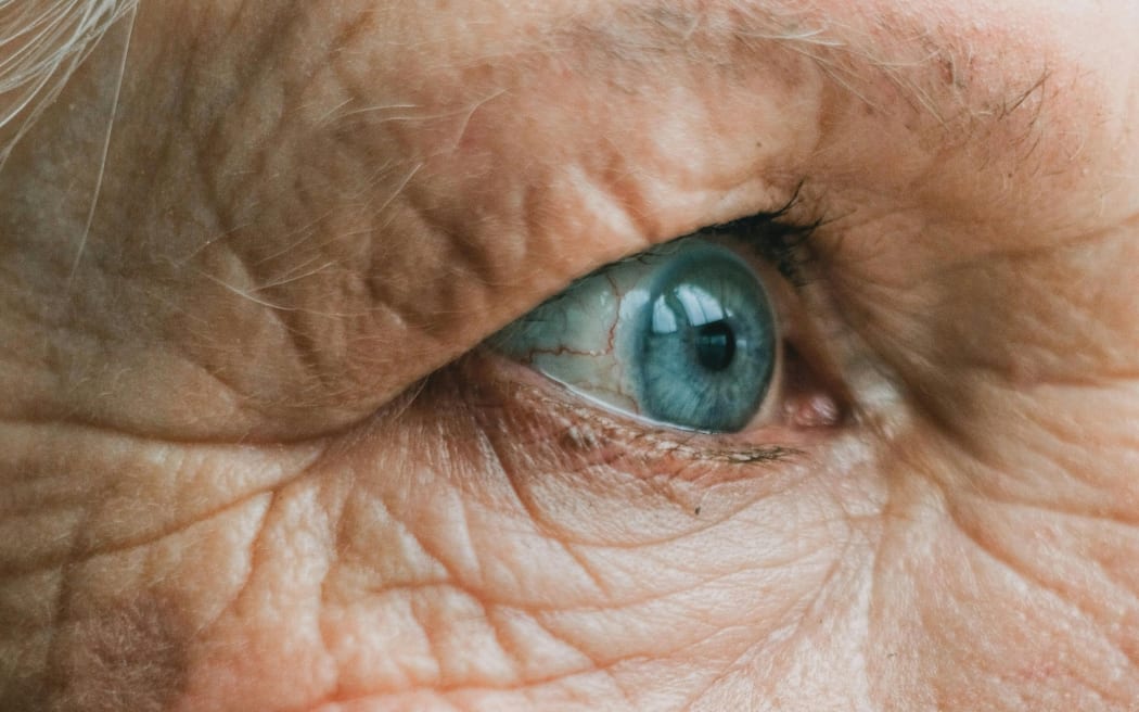 Close up of an elderly woman's blue eye