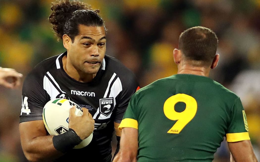 Adam Blair on the charge for the Kiwis against Australia.