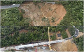 A before (above) and after composite picture of the damaged 124m bridge on State Highway 25a which had to be rebuilt.