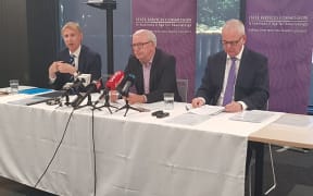 Inquiry head Doug Martin (centre), Simon Mount QC (left) and State Service Commissioner Peter Hughes.