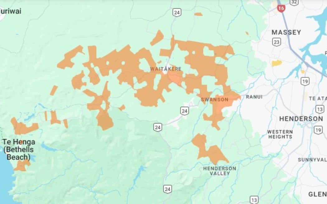 A map showing the power cut in West Auckland.