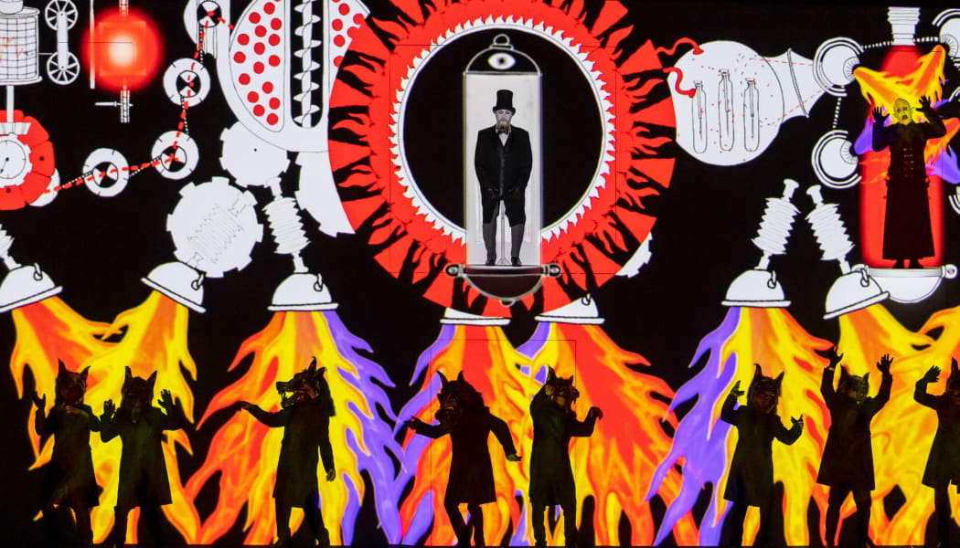 Sarastro and his devilish slaves in The Magic Flute by Komische Oper Berlin