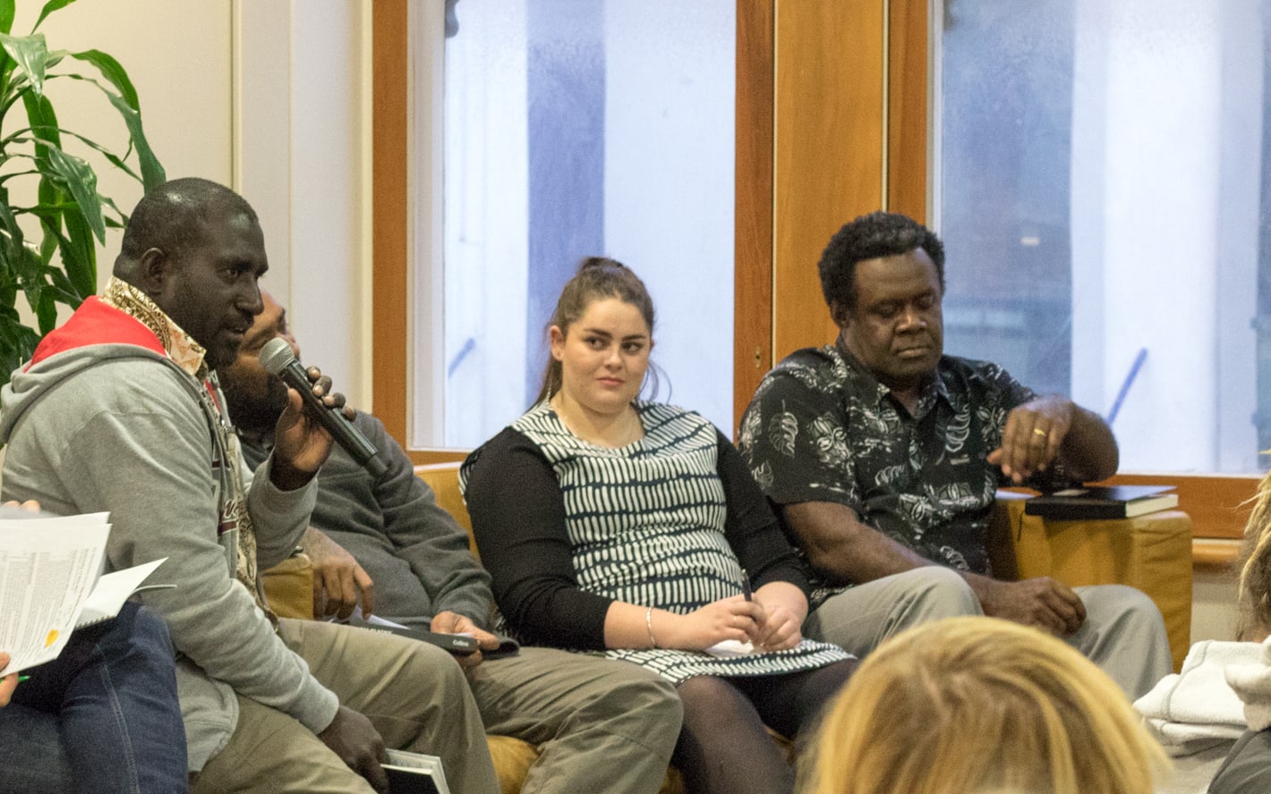 Elisha Paza Pitanoe (left) speaks at the PD Festival.