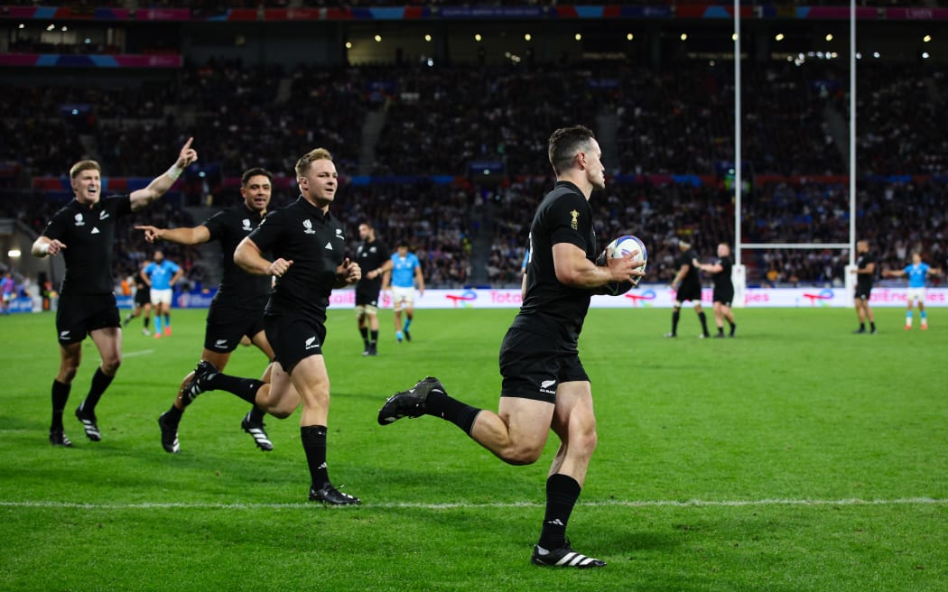 Will Jordan of New Zealand scores his sides third try (Photo by Craig Mercer/MB Media/Getty Images)