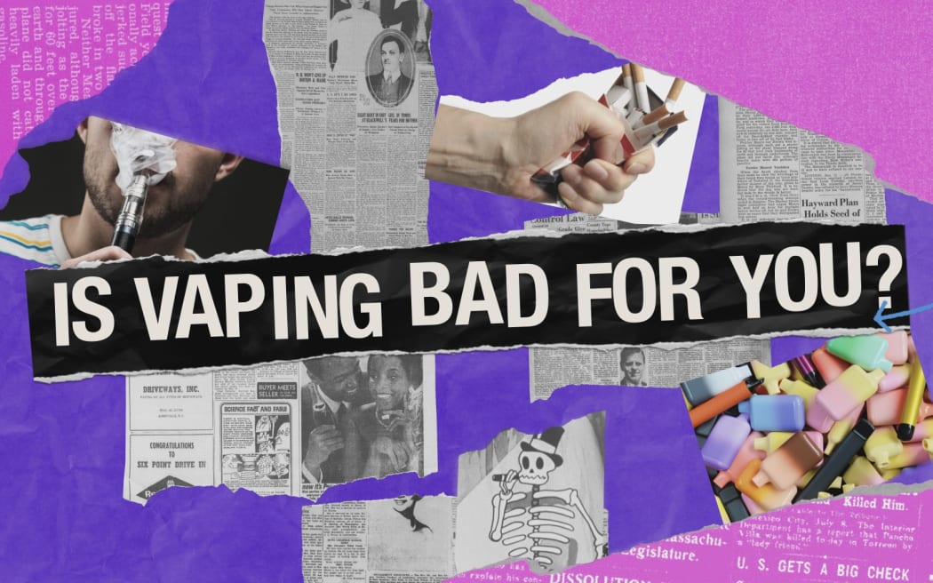 Title of "Is vaping bad for you?" along with images of vapes and newspaper articles.
