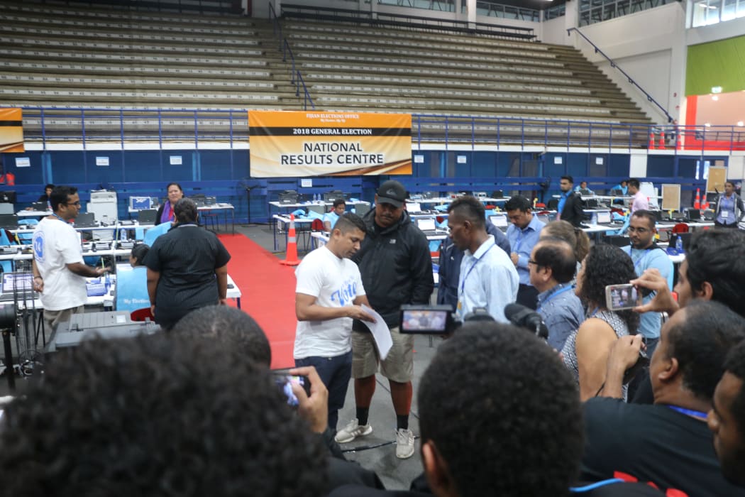 The Supervisor of Elections in Fiji Mohammed Saneem carrying out a system ‘flush’ before announcing the start of official counting this morning. Thursday 15 November 2018.