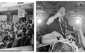 LEFT: Robert Muldoon speaking to an election campaign meeting in Upper Hutt, 1981; RIGHT: David Lange on election night 1984