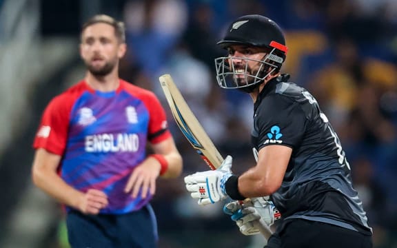 Daryl Mitchell of the New Zealand BlackCaps reacts after hitting the winning runs