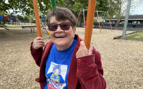 Joy Cowley enjoying the swings at the Featherston playground which will soon bear her name. PHOTOS/SUE TEODORO