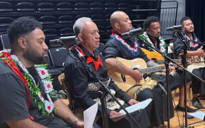 The male vocalists of the Ocean Star Fetu'u Moana Academy choir at their recording session at Te Puna Creative Hub.