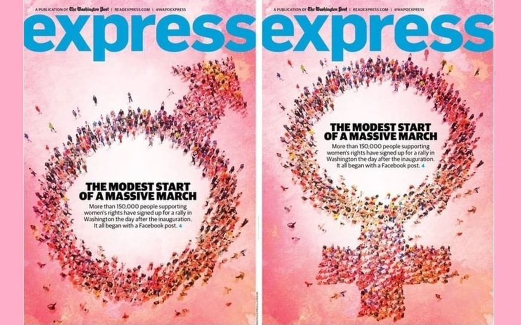 The Washington Post Express' "erroneous" the front cover on the left, featuring the male symbol, and the corrected front cover on the right with a female symbol.