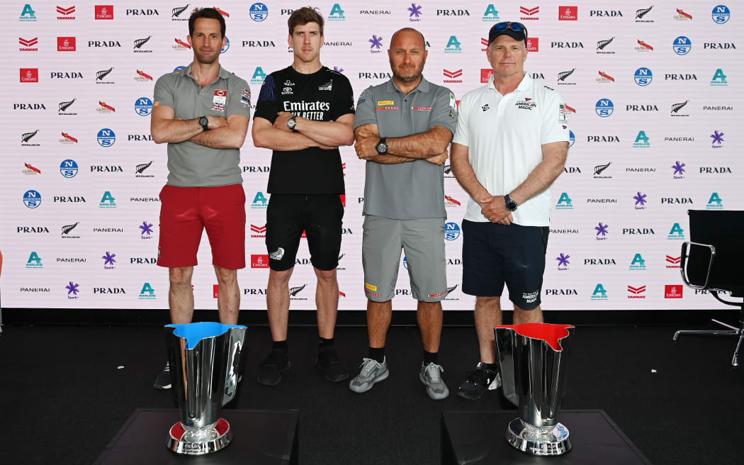 L-R: Skippers Sir Ben Ainslie of INEOS Team UK, Peter Burling of Emirates Team New Zealand, Max Sirena of Luna Rossa PRADA Pirelli and Terry Hutchinson of New York Yacht Club.