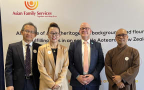 Inaugural Asian Mental Health and Wellbeing Summit, Auckland, Aug 14, 2024. From left to right: Asian Family Service board chairperson Fred Pau, CEO Kelly Feng, mental health minister Matt Doocey.