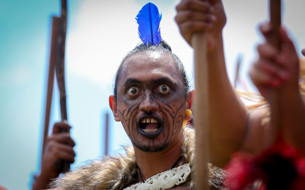 A haka on Parliament grounds during the presentation of petition to have the Land Wars recognised.