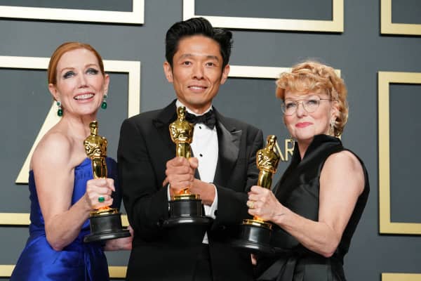 From left, Anne Morgan, Kazu Hiro and Vivian Baker, winners of the Makeup and Hairstyling award for "Bombshell," pose in the press room during the 92nd Annual Academy Awards at Hollywood and Highland on February 09, 2020 in Hollywood, California.