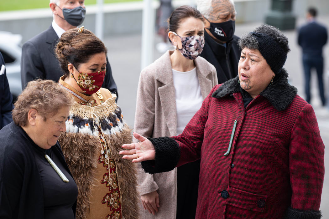 Dame Cindy Kiro and the Prime Minister are heralded up Parliament's steps by Kuia Puhiwahine Tibble responding to the Kaikaranga coming from Alisiha Mansell at the top
