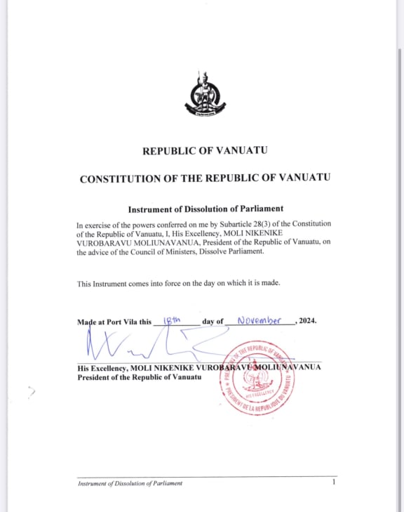 A copy of the Vanuatu President Nikenike Vurobaravu's official instrument of dissolution of parliament circulated online. November 2024
