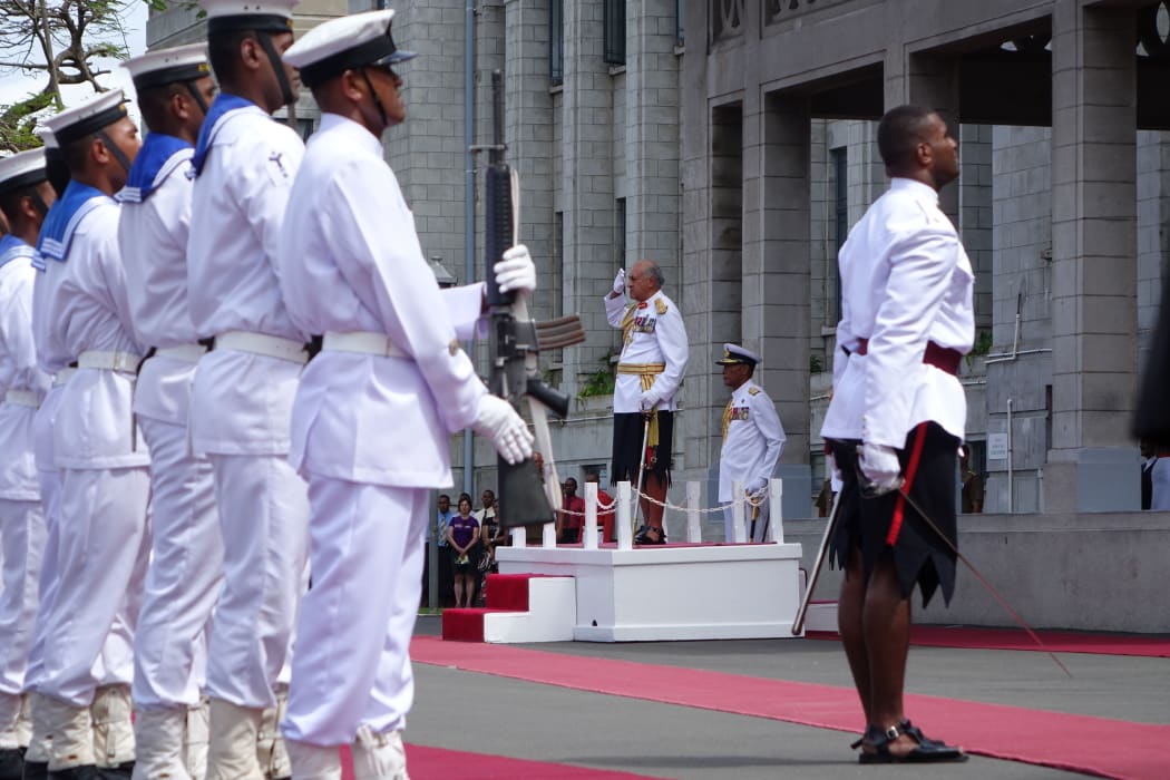 The Fijian president Ratu Epeli Nailatikau inspects the Guard of Honour before addressing parliament