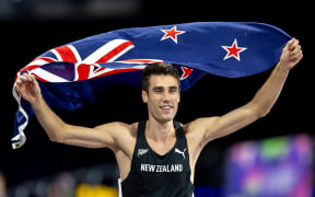 New Zealand’s Hamish Kerr celebrates winning the Men’s High Jump Final at the 2024 World Indoor Athletic Championships, Glasgow