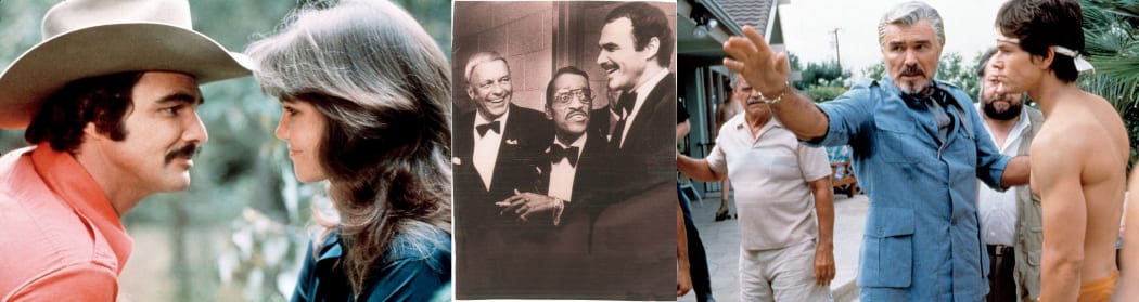 Images of Burt Renolds with Sally Field, with Frank Sinatra and Sammy Davis Jr, and in the film Boogie Nights