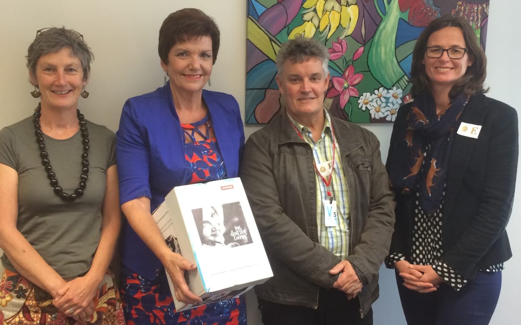Pictured (L - R) is Moira Lawler, General Manager Lifewise, Anne Tolley, Social Development Minister, David Hanna Executive Director of Wesley Community Action & Shae Ronald, Business Systems and Development Manager at Youthline.