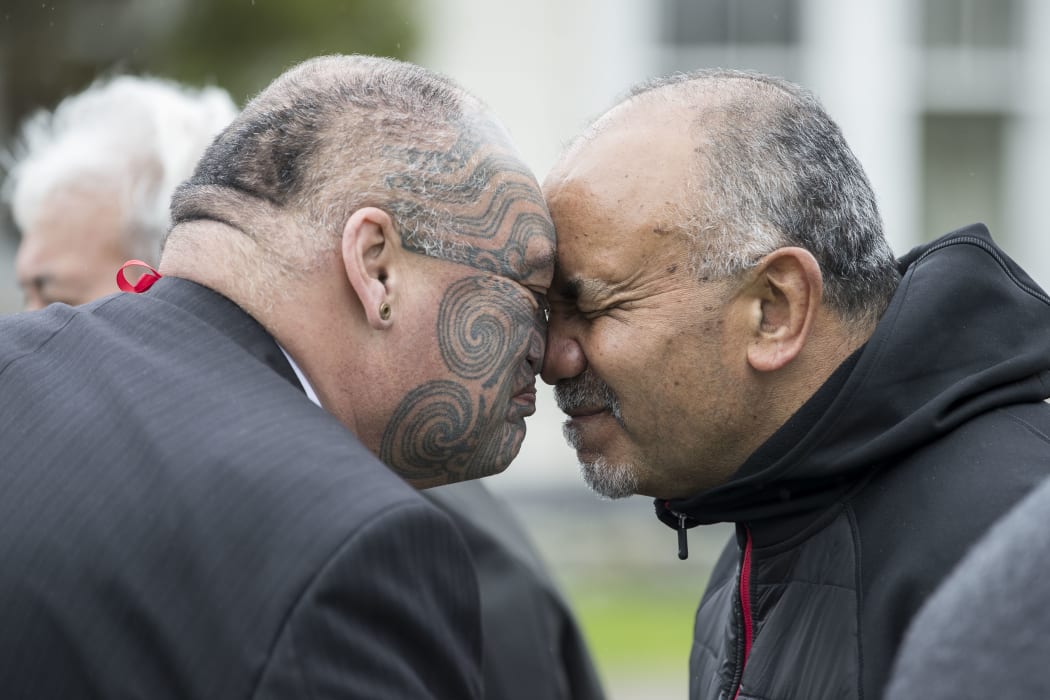 Shane Te Ruki and Minister of Māori Development Te Ururoa Flavell greet each other at the first hui of language organisation Te Mātāwai, held in Otaki.