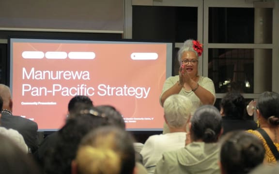 Committee chair Penina Ifopo presents the draft Pan-Pacific Strategy to a full house at Te Matariki Clendon Community Centre on 30 April 2025.