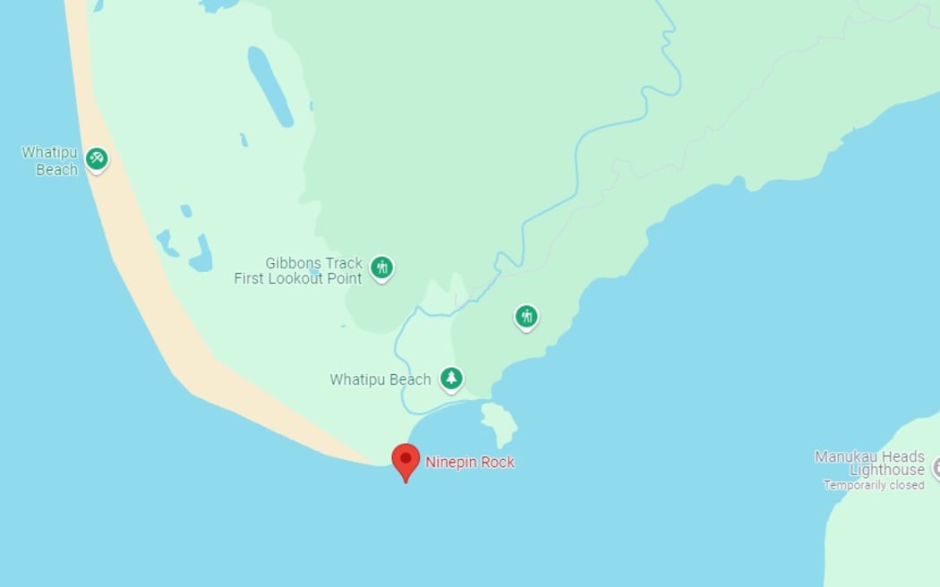 A Google Maps screenshot showing where a man fell into the sea while gathering shellfish off Ninepin Rock, at Whatipu Beach in west Auckland.