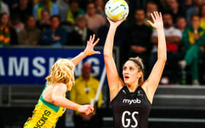 Te Paea Selby-Rickit shooting goal against Australia
