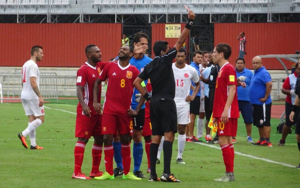 PNG's David Browne is sent off in Thursday's World Cup qualifying game against Tahiti.