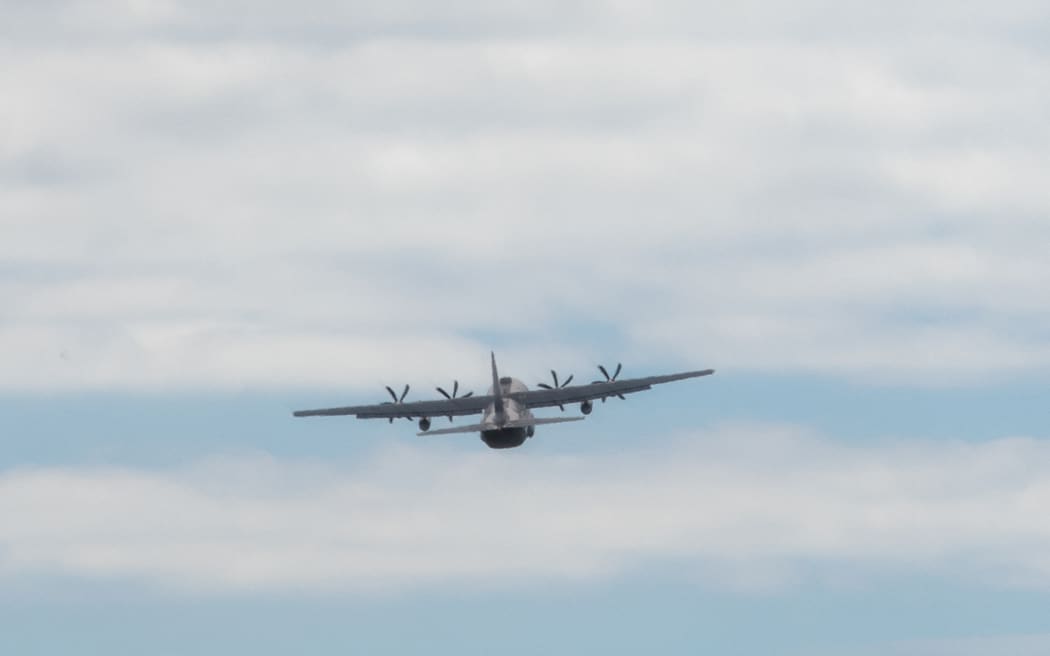 An RNZAF Hercules C-130 departs RNZAF Auckland at Whenuapai on 7 March 2026, bound for the Middle East.
