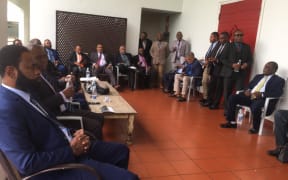 Vanuatu opposition MPs outside parliament chamber on Tuesday morning after a government boycott thwarted their plans to move a motion of no confidence against the leadership of prime minister Bob Loughman. 16 August 2022