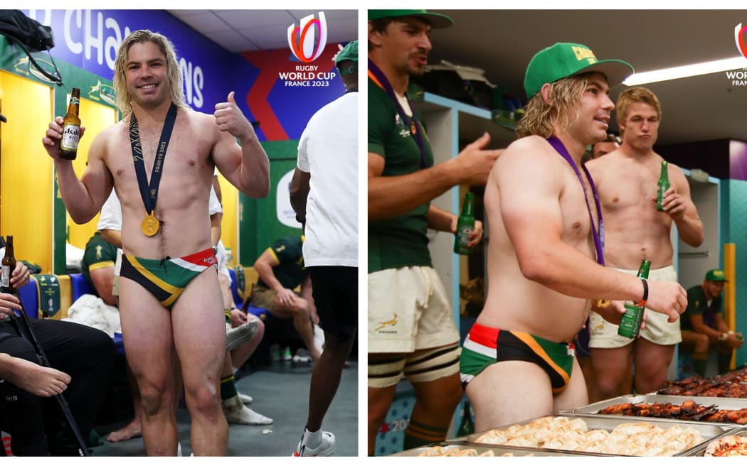 Springbok's scrum-half Faf de Klerk celebrates by stripping down to his speedos.