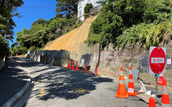 A large slip blocked the southern end of The Terrace in central Wellington on 25 December, 2022.